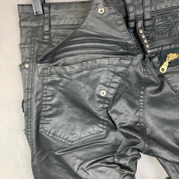 Robins Jean Mens Pants 33x30 Black Zippers Moto Slim Faux Leather L-Flap Biker - Picture 14 of 16